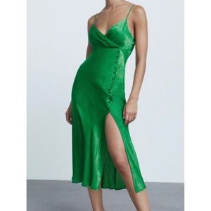 Zara Green Silk MIDI Dress With Slit NWT